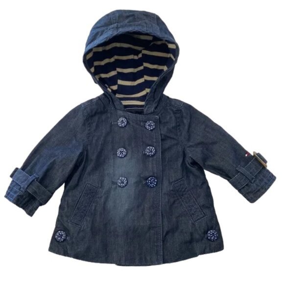 Tommy Hilfiger Baby Girls Hooded Denim Pea Coat Polka-Dot Buttons 6-9 Months - Picture 4 of 11